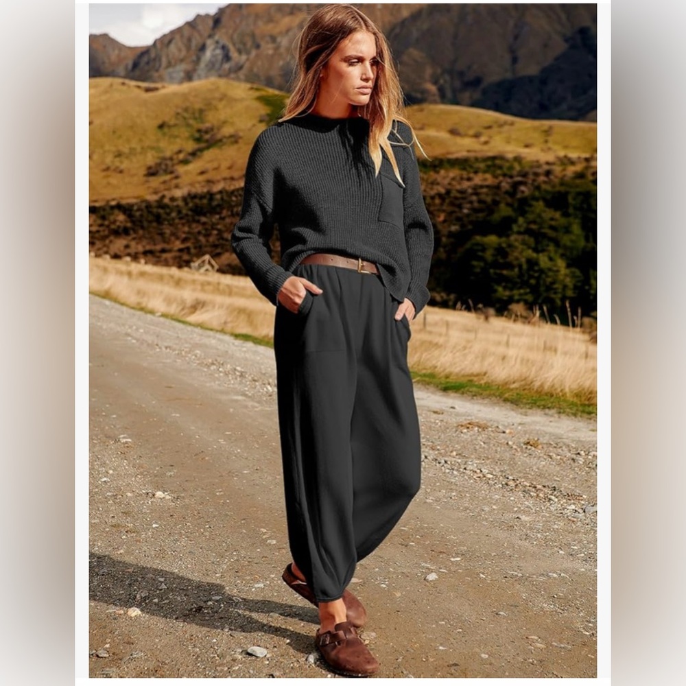 Caracilia Two Piece Outfit Long Sleeve Knit Top Sweater Set Oversized Pants
